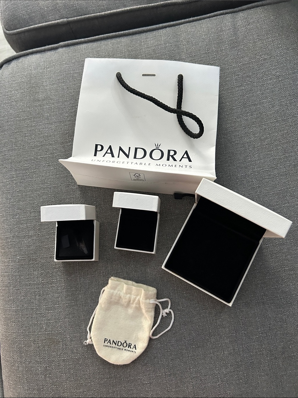 Empty Pandora White Boxes & Cream Pouch with Black Interiors
